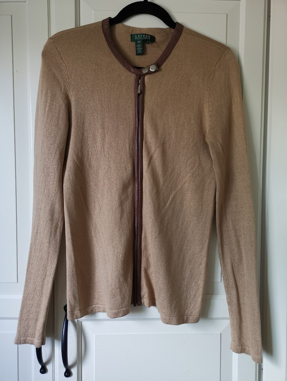 Lauren Ralph Lauren Silk Cashmere Tan Cardigan Leather Trim Zip Front M
